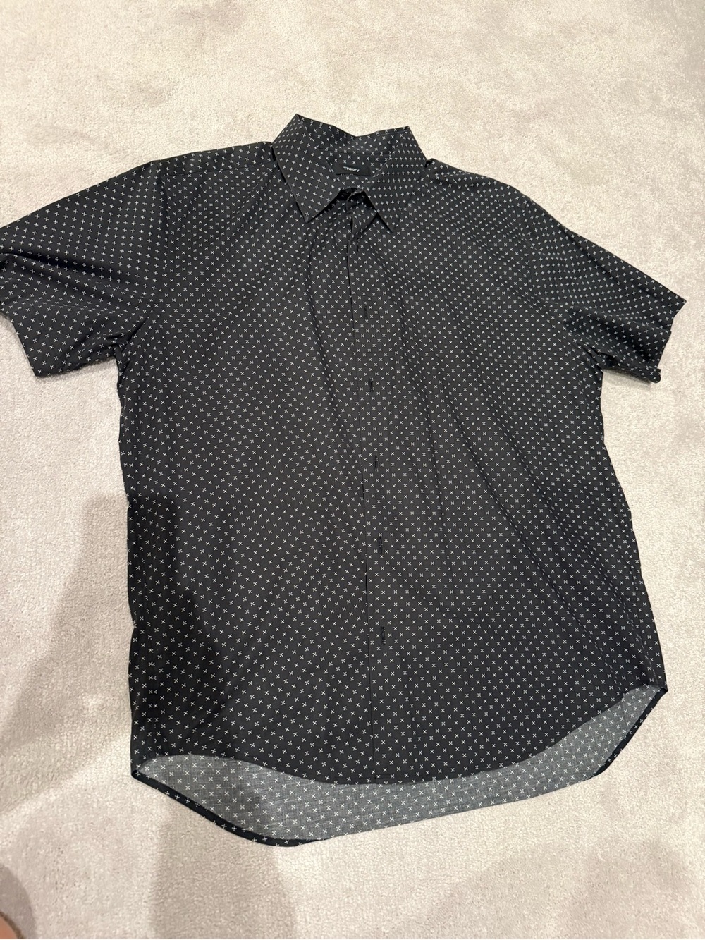 Theory Black Short-Sleeve Button-Down with Micro Diamond Print